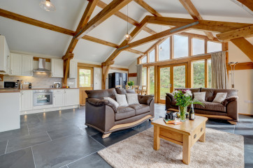 The open plan living area with vaulted beamed ceiling and large glass windows