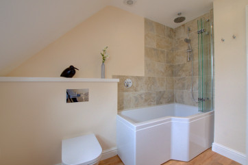 White bathroom with bath and shower over