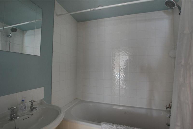 Nice bathroom with shower over the bath.