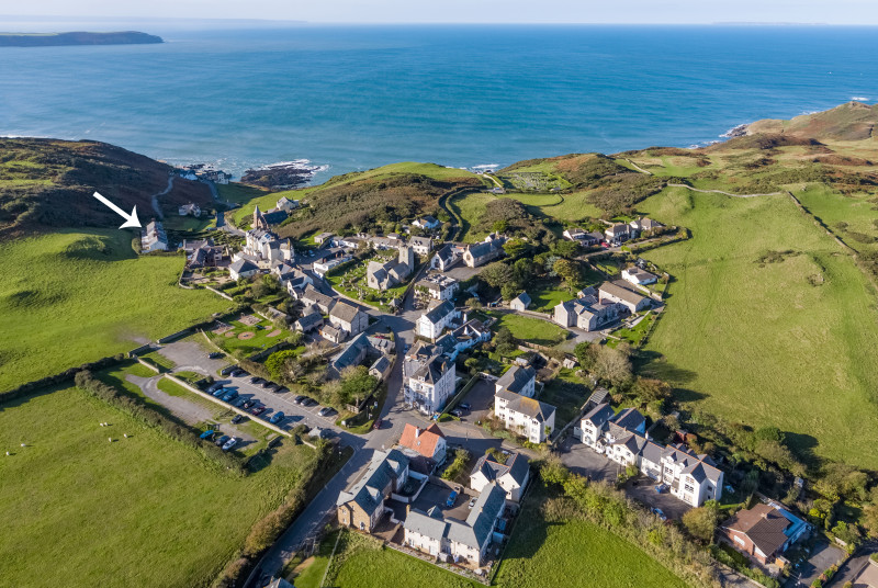 An aerial view of Mortehoe and where Seaview Cottage is located