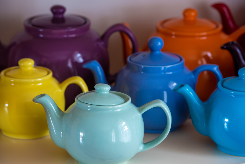 Multi-coloured tea pots