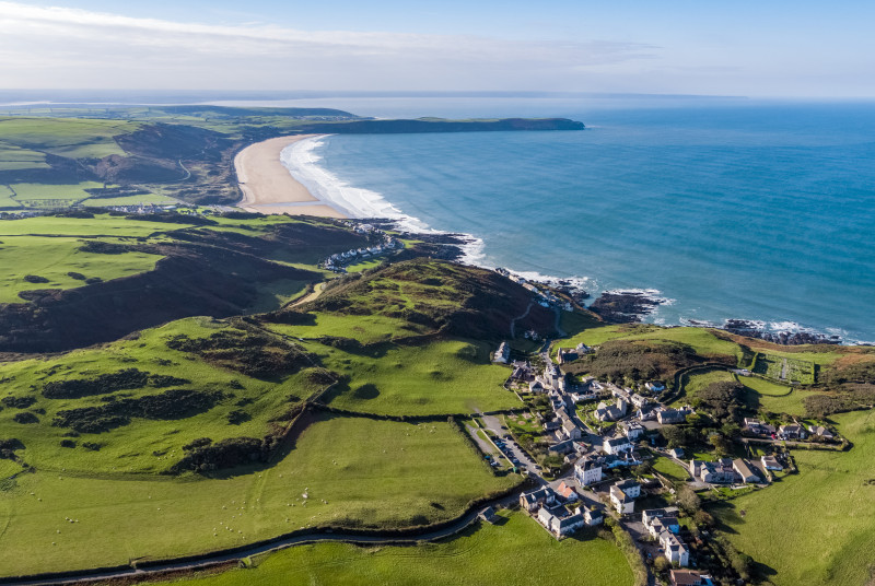 An aerial view of Woolacombe beach and nearby Mortehoe