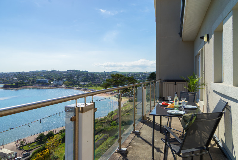 Exceptionally long balcony with stunning panoramic sea views over Torbay